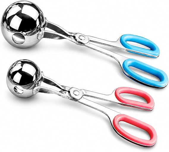 Meat Baller, 2 PCS None-Stick Meatball Maker with Detachable Anti-Slip Handles, Stainless Steel Meat Baller Tongs, Cake Pop, Ice Tongs, Cookie Dough Scoop for Kitchen (1.38"&1.78")