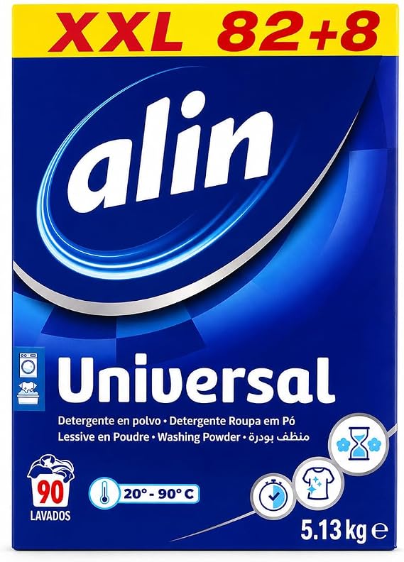 ALIN Universal Washing Powder 5.13kg, Up to 90 Washes, Universal Laundry Detergent Powder, For White & Coloured Clothes, Effective from 20°C to 90°C
