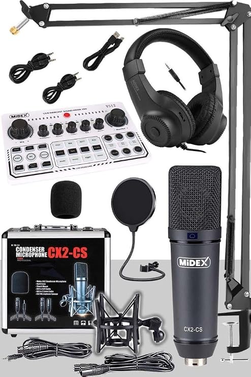 Midex CX2 White Power Paket-6 Stüdyo Mikrofon Şarjlı Ses Kartı Kulaklık Stand (Kayıt ve Canlı Yayın)