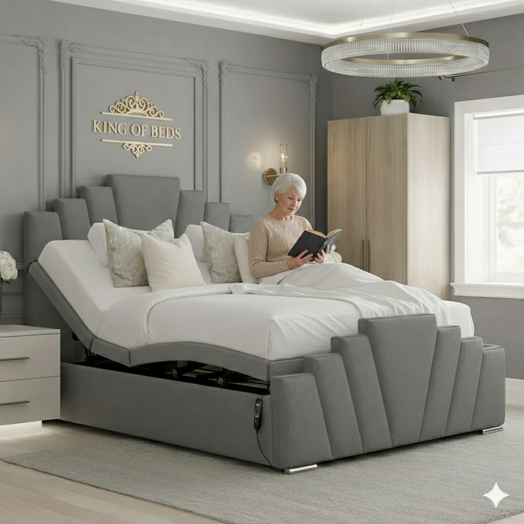 Arte Deco Adjustable Electric Mobility Bed With Mattress (Grey Plush, 4ft 6in double)