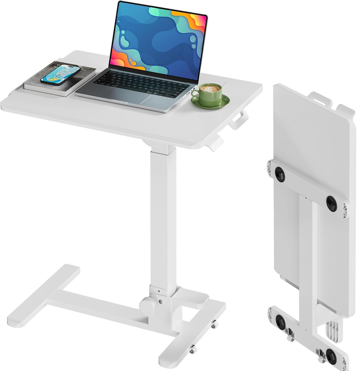 Foldable Mobile Standing Desk, 27 Inch Small Rolling Laptop Cart Height Adjustment, 90° Tiltable Bedside Table, No Assembly Needed Portable Computer Workstation, White