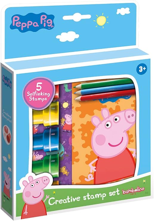 Totum Creative Set of 5 Self-Inking Stamps, Books, 3 Colouring Pencils & Stickers with Peppa Pig & Friends Designs, Yellow, Green, Red, Blue