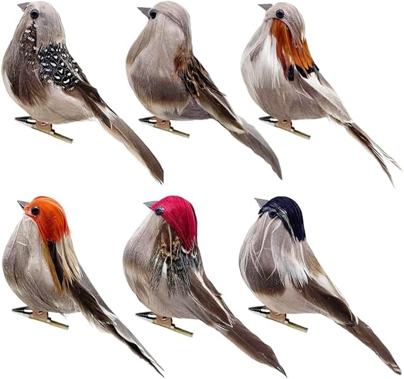 LWINGFLYER Small Artificial Birds Realistic 3.9'' Simulation Foam Feather Sparrow Bird Clip on Ornaments for Christmas Craft Garden Tree Home Decor Seasonal Display Decoration (6 Pcs)
