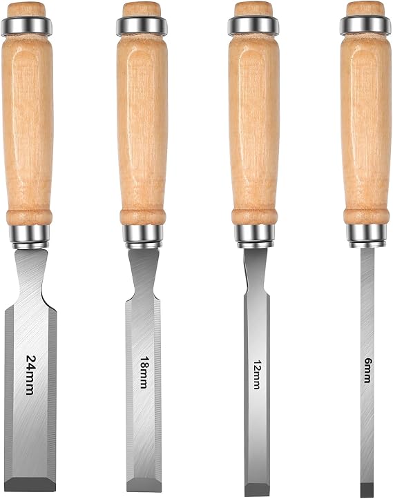 4 Pcs Wood Chisels, 0.236/0.472/0.709/24mm Wood Chisels, Woodworking Tools with Impact Cap for Wood Carving Tools