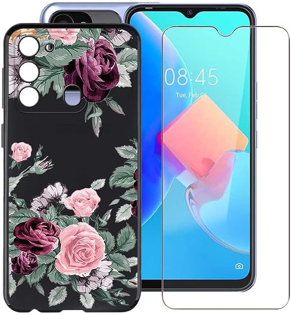 Phone Case for Tecno Spark 8C (6.6") with 1 X Tempered Glass Screen Protector, Shockproof Silicone Black Shell Slim Soft TPU Bumper Cover for Tecno Spark 8C - YQ12