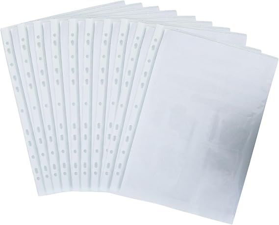 Multi Pack Great Offer Punched Pockets A4 Plastic Wallets - 45 Microns Poly Pockets with 11 Holes - Glass Clear Plastic Sleeves for Ring Binders - Copy Safe Page Protectors (100)