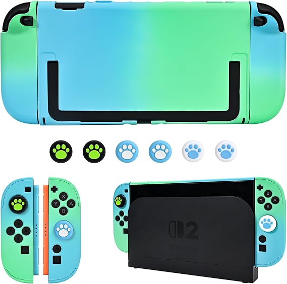 DLseego Switch2 用 ケース Switch2　カバー　スイッチ 第二世代に対応　保護カバー スイッチ2ケース　分離式　PC 超軽量 耐衝撃 傷つけ防止 全面保護 取り外し簡単 猫肉球グリップキャップ*6 青と緑