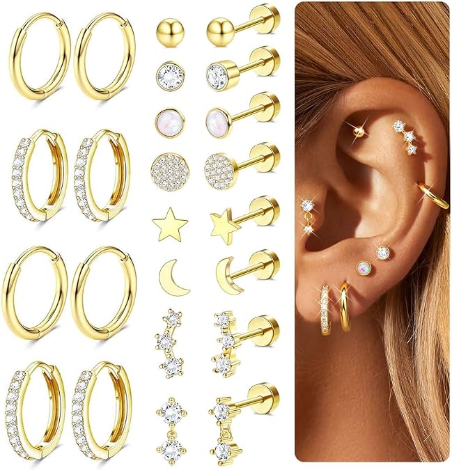 12 Pairs Hypoallergenic Flat Back Earrings for Women Helix Studs Set