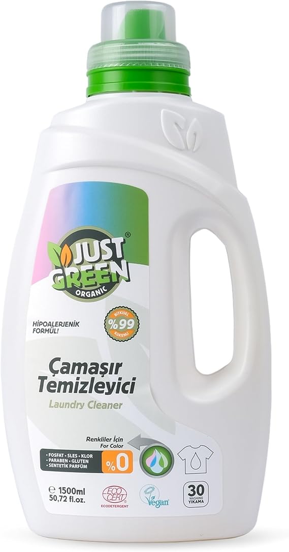 Just Green Organic Renkli Çamaşırlar İçin Doğal Sıvı Deterjan, Hassas Ciltlere Özel Hipoalerjenik & Vegan Çamaşır Deterjanı, 1500 ml