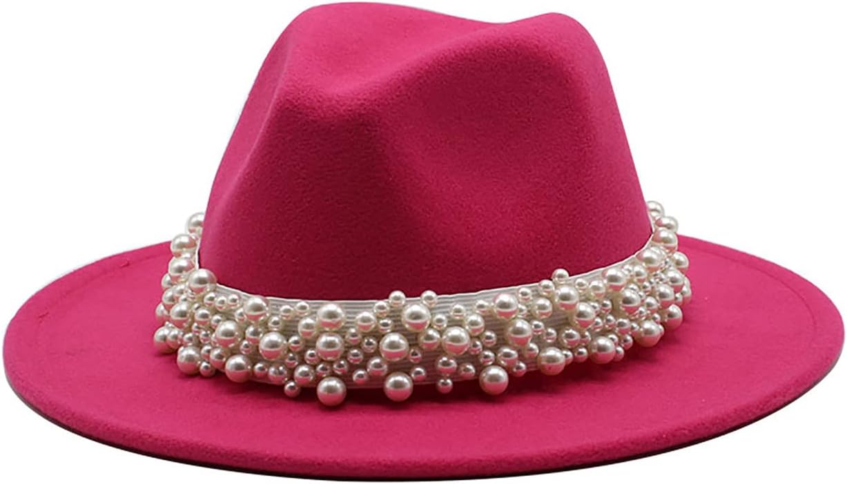 Qkrlamx Black Fedora Hats for Women Wool Panama Hat with Pearl Band Wide Brim Felt Hat Classic Trilby Hat