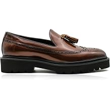 Mens Patent Glossy Real Leather Tassel Loafer Retro Handmade Brogue Shoes Rubber Lug Sole