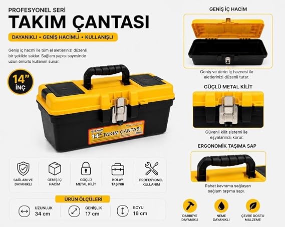14'' Paslanmaz Çelik Kilit Sistemli Profesyonel Takım Çantası-Dayanıklı Geniş Hacimli Alet Çantası 34x17x16cm