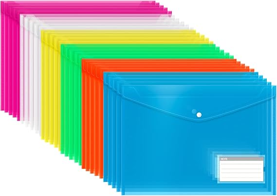 Plastic Wallets, 30 Pack A4 File Folders for Document Paperwork Clear Assorted Coloured Envelope with Label Pocket Snap Button Home School Travel Office Supplies