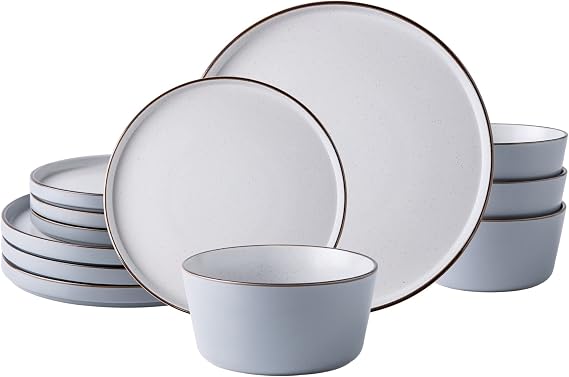AmorArc Dinnerware Set, 4 Person Ceramic Plates and Bowls Set of 12 Handmade Speckled Stoneware Plates Set, Dishwasher & Microwave Safe Dinnerware Set - Grey, For 4 People