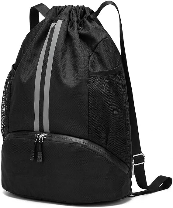 Drawstring Backpack with Shoe Compartment, Drawstring Gym Bag Waterproof Oxford Fabric, Black String Bag with Wet Dry Separation, Adjustable Straps for Sports, Swimming, Travel and Fitness