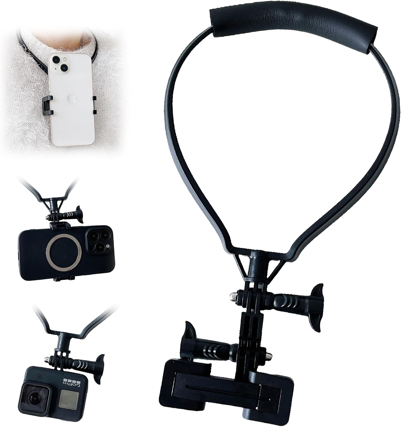 Portable Neck Mount for Action Camera & Phone - Quick Release Neck Phone Holder POV/Vlog Hands-Free Recording, Compatible with iPhone Android for Cycling Sports Photography (Black)