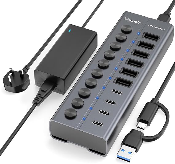 Powered USB Hub, 10-Port USB C Hub with 6 USB-A 3.2, 4 USB-C 3.2 Ports