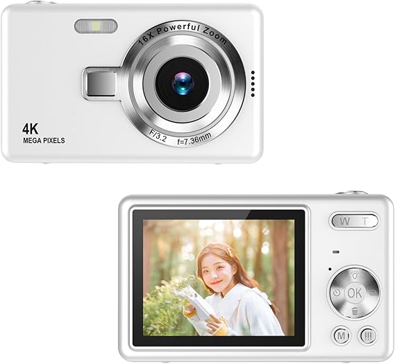 Pocket Digital Camera 2.4in TFT Screen - 2024 Newest 12MP 1080P Compact Point and Shoot Camera, 16X Zoom Auto Focus Small Video Camera for Kids Teens Boys Girls (White)