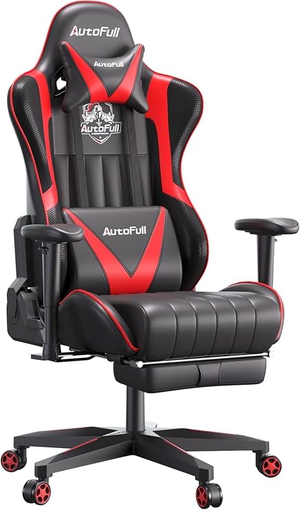 AutoFull Gaming Chair Ergonomic Office Chair High Back Swivel Chair Racing Pu Leather Computer Chair With Arms,Thicker Bucket Seat,Adjustable Height,Back Support And Footrest,Red …
