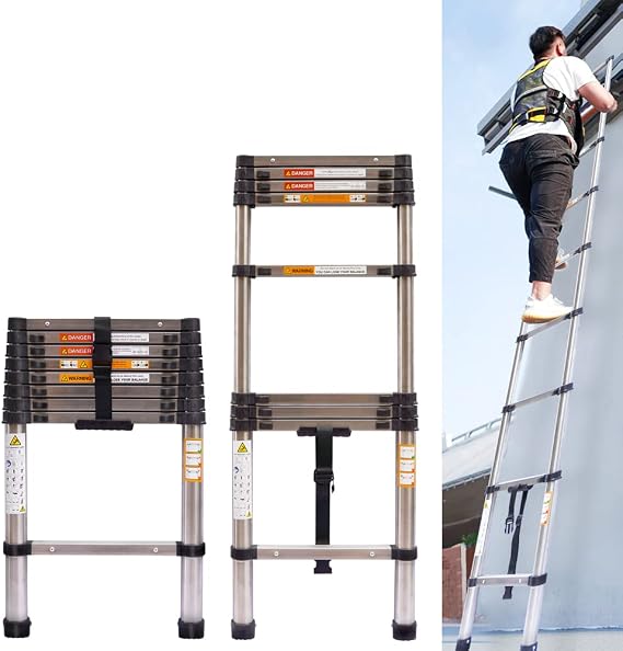 Extension Ladder, Multi-purpose Telescopic Ladder 8.5ft Telescoping Folding Ladder 9 Steps Stainless Steel for Home Office Indoor Outdoor Loft RV Use, 330lb Capacity