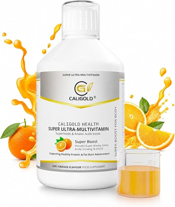 CALIGOLD Health Super Ultra Multivitamins and Minerals - Super Liquid Vitamins Boost Includes Super Greens & Amino Acids in Orange Flavour Daily Supplement