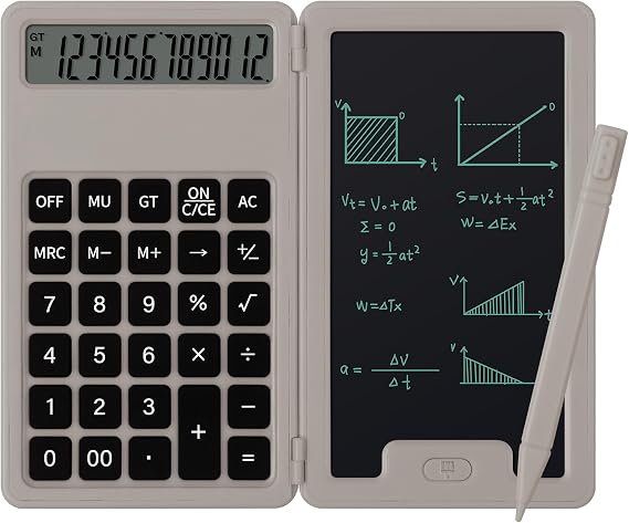 Desk Portable Basic Calculator with Notepad and Stylus with 12 Digits Large Display Multifunction for Office, School, Home, Basic Financial Khaki