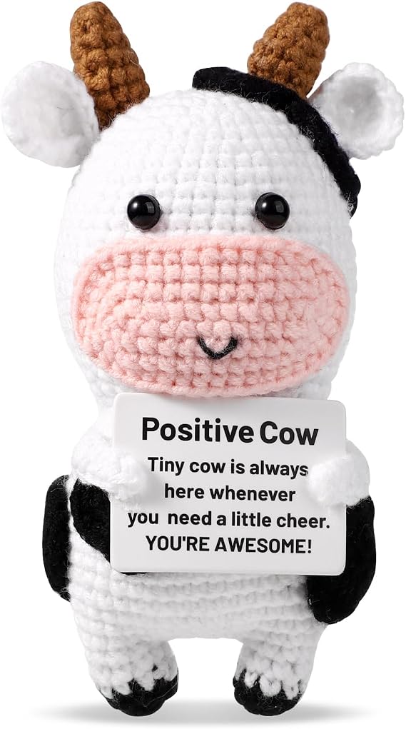 Positive Cow, Crochet Cow Cute Crochet Cow Plush Knitted Cow Positive Knitted Animals Knitted Wool Doll for Party Decorations Encouragement Gifts