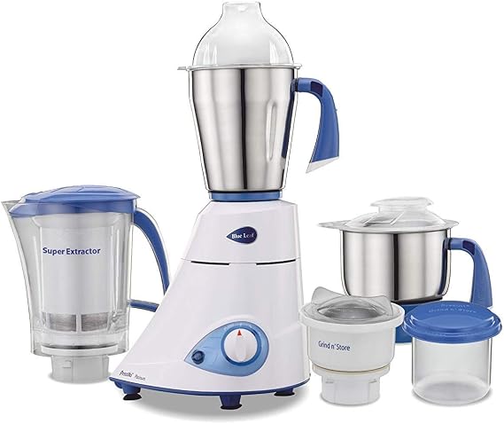 Preethi Blue Leaf Platinum MG 139 Mixer Grinder – 750W, 4 Jars with Super Extractor Juicer & Storage Container, Lifelong Free Service | White | (Indian Plug)