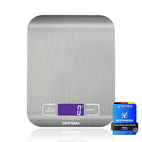 GRIFEMA - GA2002, Kitchen Scales with LCD Display, Stainless Steel, Multifunctional Food Scale 5 kg/11 lbs, Grey: Screen Color: Blue