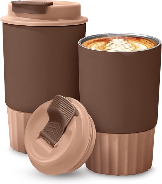 12 oz Insulated Travel Coffee Mugs with Lid-Stainless Steel Reusable Coffee Cup Coffee Mug Travel Mugs Insulated for Hot and Cold (Brown)