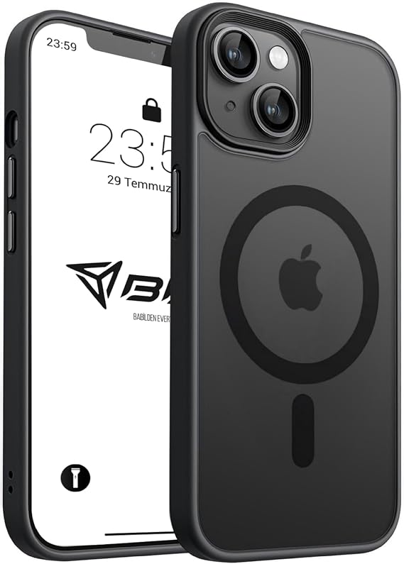 Babilden iPhone için Kılıf Kamera Korumalı Magsafe Wireless Şarj Özellikli Mat Şeffaf Renkli Kılıf (iPhone 14 Siyah)