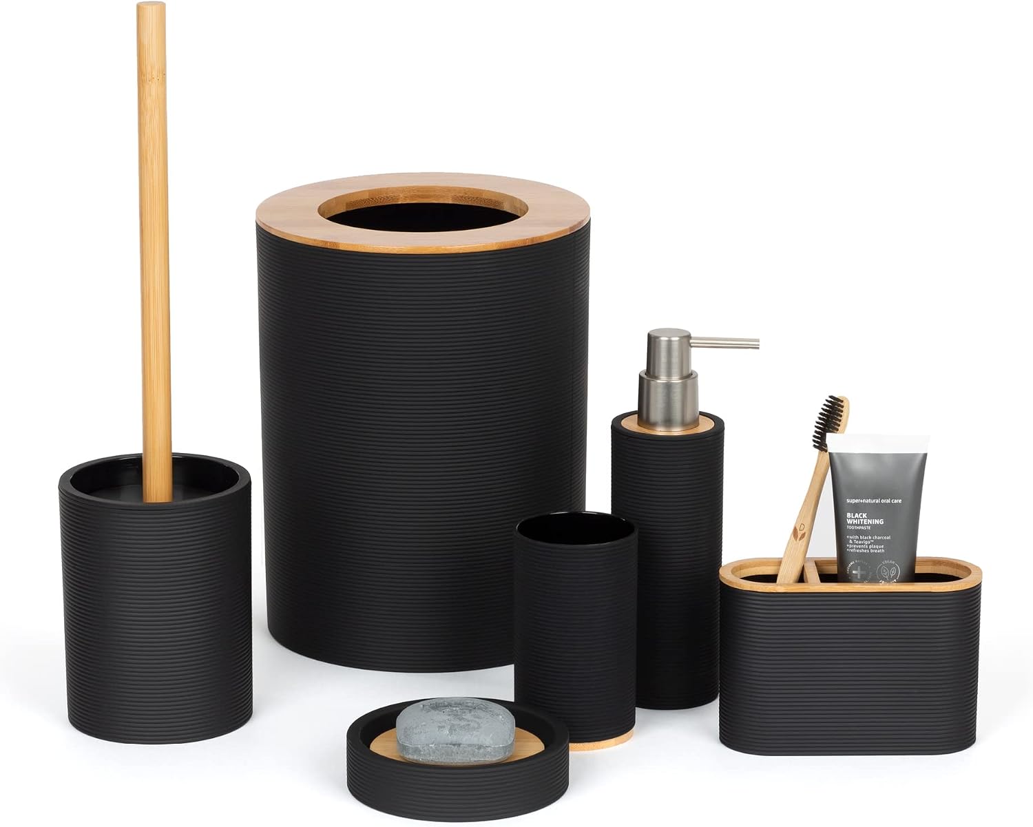 6pc Bathroom Sink Accessory Set With Bamboo Trim - Modern Vanity Organiser Kit - Tumbler, Toothbrush & Toilet Brush Holder, Lotion Dispenser, Soap Dish & Trash Bin Ribbed - Black