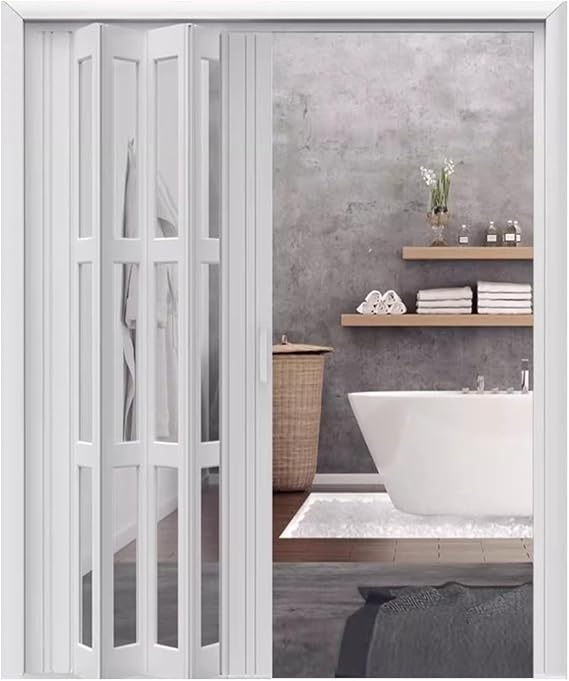 Accordion Folding Door, PVC Sliding Room Divider with Transparent Panels, Adjustable Width 24-80 Inches for Kitchen and Bathroom