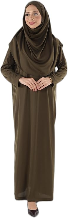 2133_Tek Parça Kaymaz Başörtülü Namaz Tesettür Elbisesi Boneye Son, 00410 Haki, 2XL/3XL