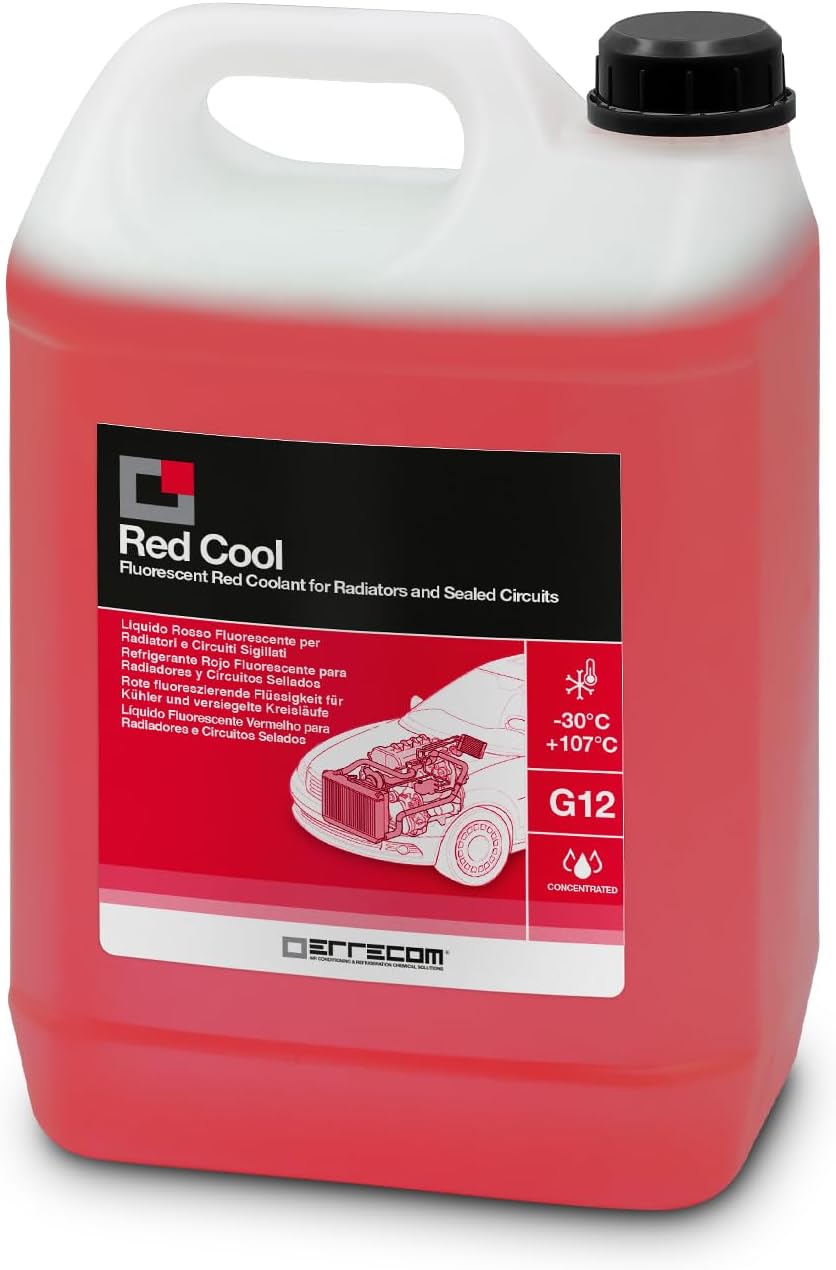 ERRECOM Red Cool, Red Coolant and Antifreeze Concentrate, Fluorescent Formulation with organic-based OAT inhibitor package, G12, 5 Litre