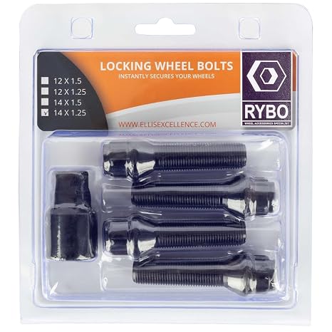 RYBO Set of 4 M14 x 1.25 Tapered Alloy Wheel Locking Bolts (Chrome or Black) (Black, 45mm Thread Length)