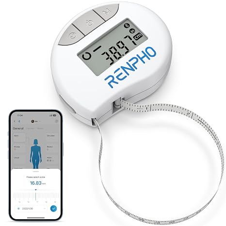 RENPHO Akıllı vücut çevresi ölçüm bandı, biseps, göğüs, kalça, baldır, uyluk ve boyun vücut çevrelerini ölçmek için Bluetooth ölçüm bandı, CM veya inç cinsinden fitness ölçüm bandı