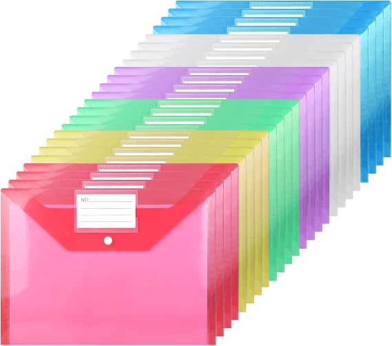 24PCS A4 Plastic Wallets Plastic Folders Waterproof Document Folders Popper Wallets with Snap Button and Label