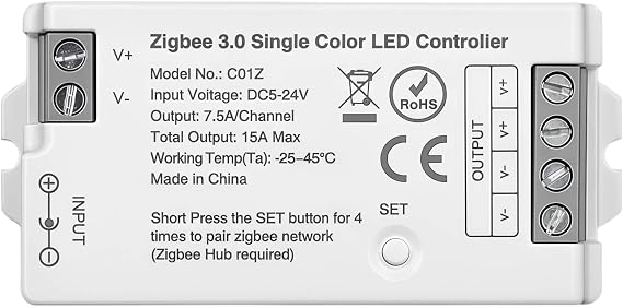 調光機能付きスマートZigBee 3.0 LEDコントローラー、単色ホワイトLEDストリップ用。