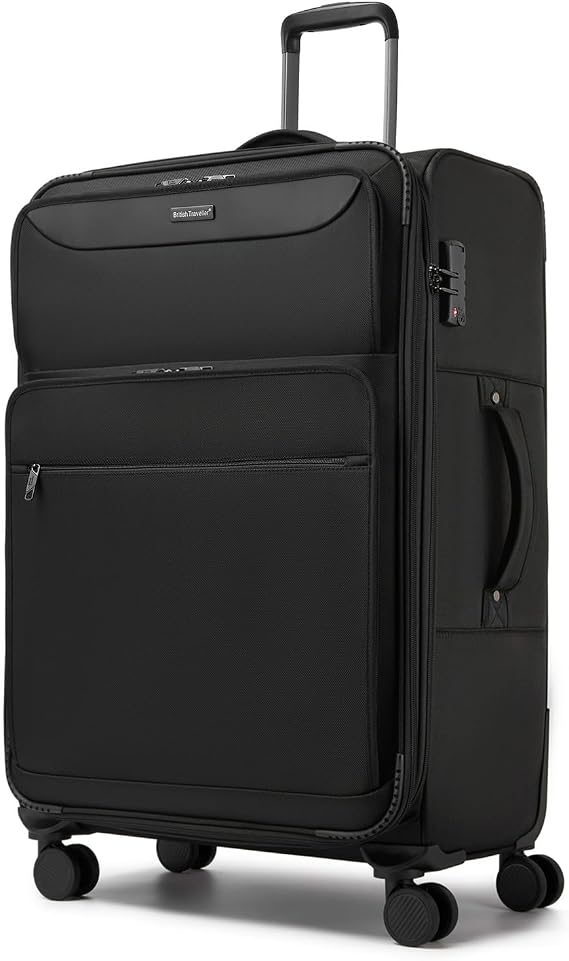 British Traveller Large Rigid Expandable Trolley Suitcase 79.5 cm, Rigid Travel Suitcases with 4 Swivel Wheels and Closed TSA, Black