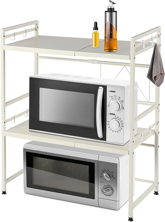 3-Tier Expandable Microwave Stand | Adjustable Kitchen Shelf with 8 Hooks 50kg Capacity White Metal Storage Rack Kitchen Countertop Organiser for Countertop Oven Toaster Utensils