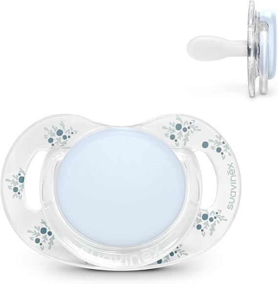 Suavinex, Pacifier for Babies 0/6 Months and Newborns, SX Pro Silicone Physiological Teat, Flat, Symmetrical and Flexible, Respects Oral Development, Transparent Shield, Blue Poetry