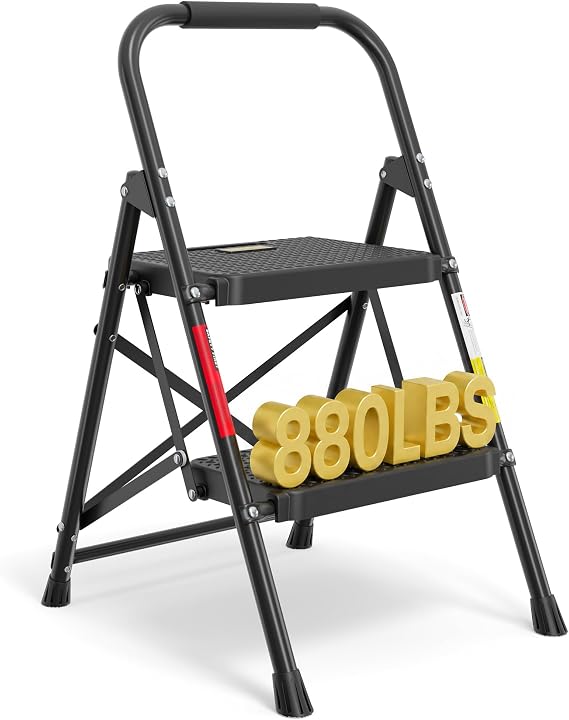 Bontec 2段はしご 耐荷重600ポンド ワイド滑り止めペダル付き 折りたたみ式スチールステップスツール スポンジハンドルバー 軽量ポータブルはしご 家庭/キッチン/パントリー/屋内/屋外での使用に最適 ブラック