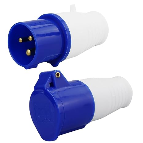 16A 240V Site Trailing Plug & Socket Set - 3 Pin Industrial Weatherproof Blue Hook-Up Plug & Socket (1 Set) PCE 240 Volt Blue Hook Up