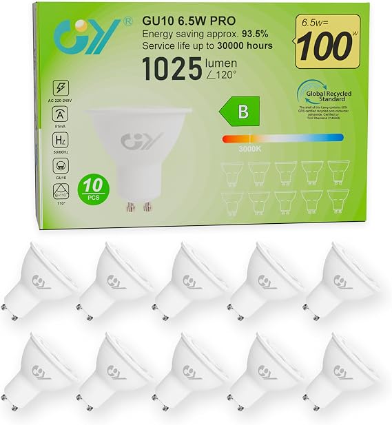 GY GU10 LED Bulb 6.5W (Eq. 100W) 1025LM 3000K Warm White, Non-Dimmable, 110 Degrees Beam Angle – GU10 LED Bulbs Pack of 10 [Energy Class B]