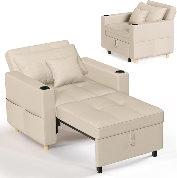 YODOLLA 3-in-1 Single Sofa Bed Chair, Adjustable with Cup Holders, Beige