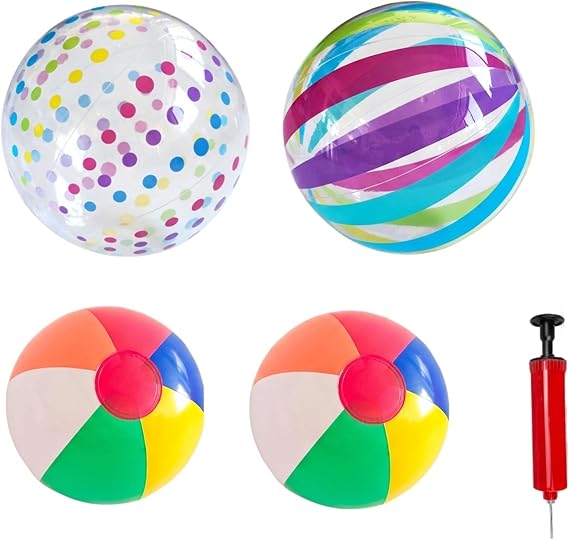 4 PCS Inflatable Ball, Two 40 Cm Colourful Balls and Two 30 Cm Multicolour Balls, Beach Balls Inflatable, Beach Ball, Beach Ball Set with Hand Pump, For Pool Games and Outdoor Activities