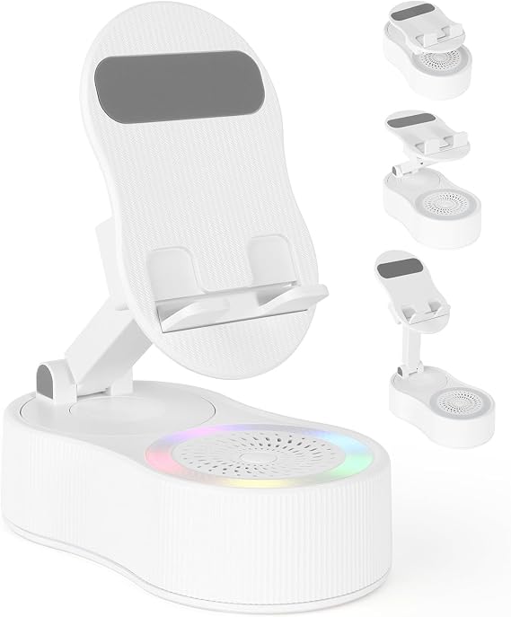 Cell Phone Stand with Wireless Bluetooth Speaker - Induction Speaker with Adjustable Phone Holder, Wireless Induction with Charging Compatible with Android ipad Samsung Tablet (White)