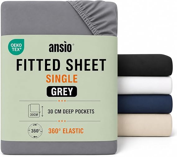 ANSIO® Single Fitted Sheet Soft Brushed Microfibre Fabric – Deep Pocket 30cm – All-Around Elastic – OEKO-TEX Certified – Easy Care & Naturally Smooth After Wash - Grey