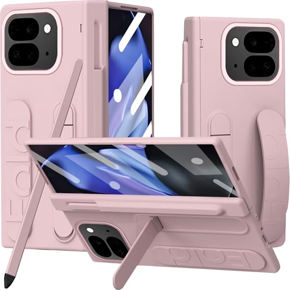 NINKI リストバンド Google Pixel 10 Pro用 フォールドフォンケース Sペンスロット&スタイラス付き、かわいい薄型ヒンジスクリーンプロテクター+キックスタンドフィンガーストラップカバー Pixel Fold 10 Proケース Sペン付き レディース ガールズ ピンク
